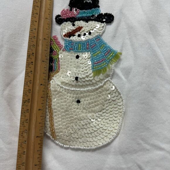 Quacker Factory Top 2x Sequin Beaded Snowman White Winter Holiday Long Sleeve - Picture 3 of 5